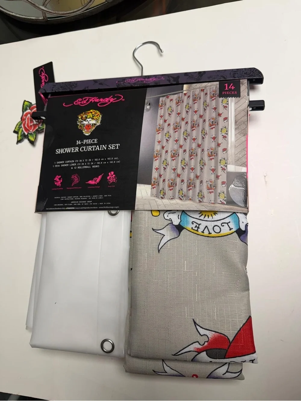 Ed Hardy Shower Curtain Set - Gray, White, Red, Yellow, Blue